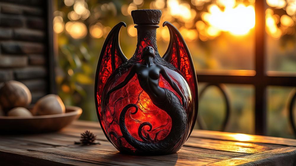 Crimson Dragon Bottle Glowing at Sunset in Enchanted Stillness wallpaper