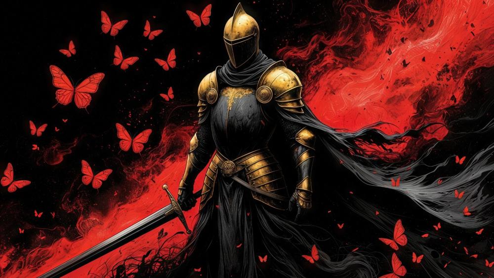 Crimson Butterflies Around the Silent Knight in Golden Armour wallpaper