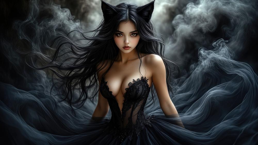 Midnight Cat Eared Goth Enchantress in Whispering Smoke wallpaper