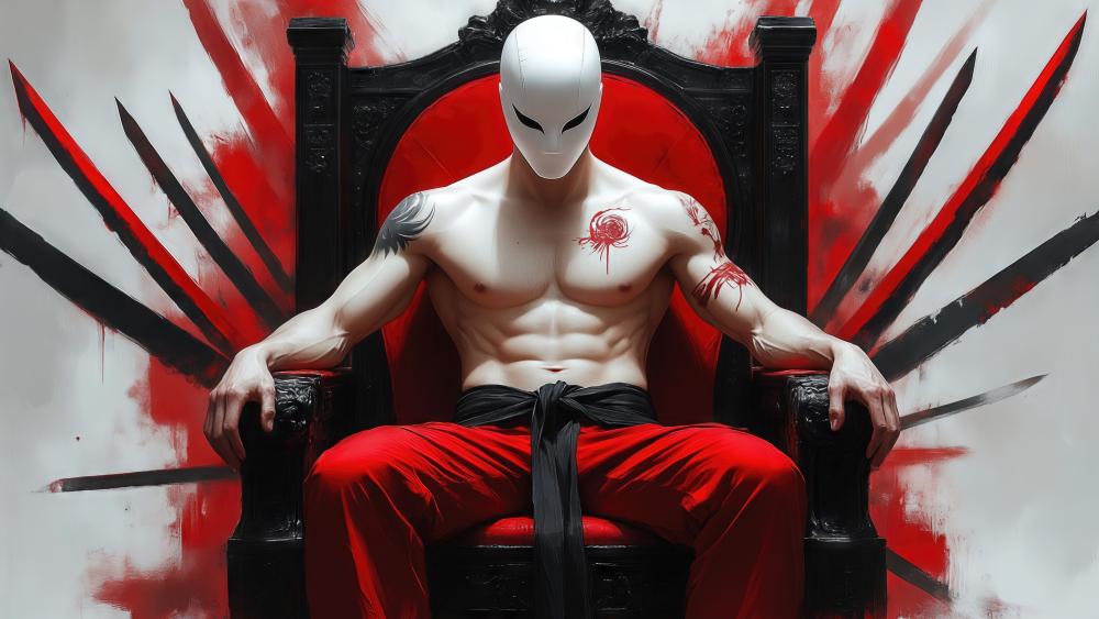 Masked Warlord on Crimson Throne in Dark Fantasy 4K wallpaper