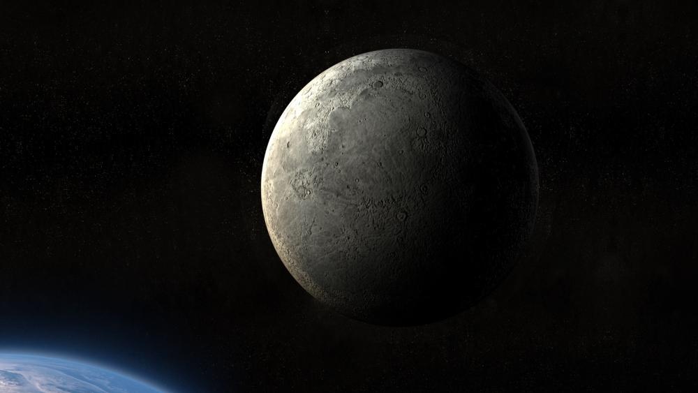 Shadowed Moon Drifting Above Earths Blue Horizon wallpaper
