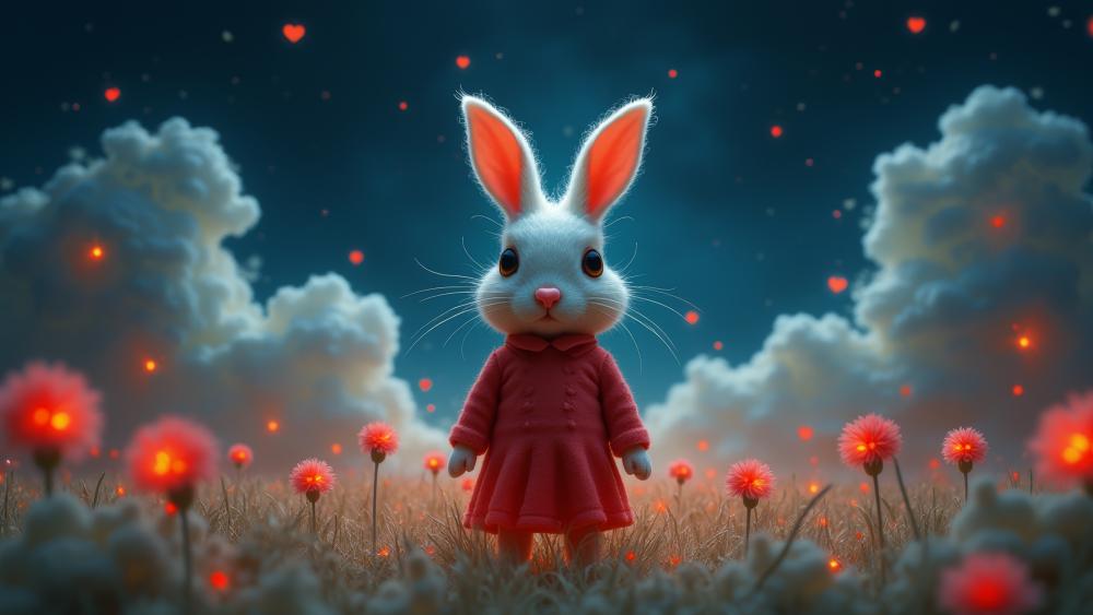 Moonlit Bunny in Crimson Dress Among Glowing Dream Flowers wallpaper