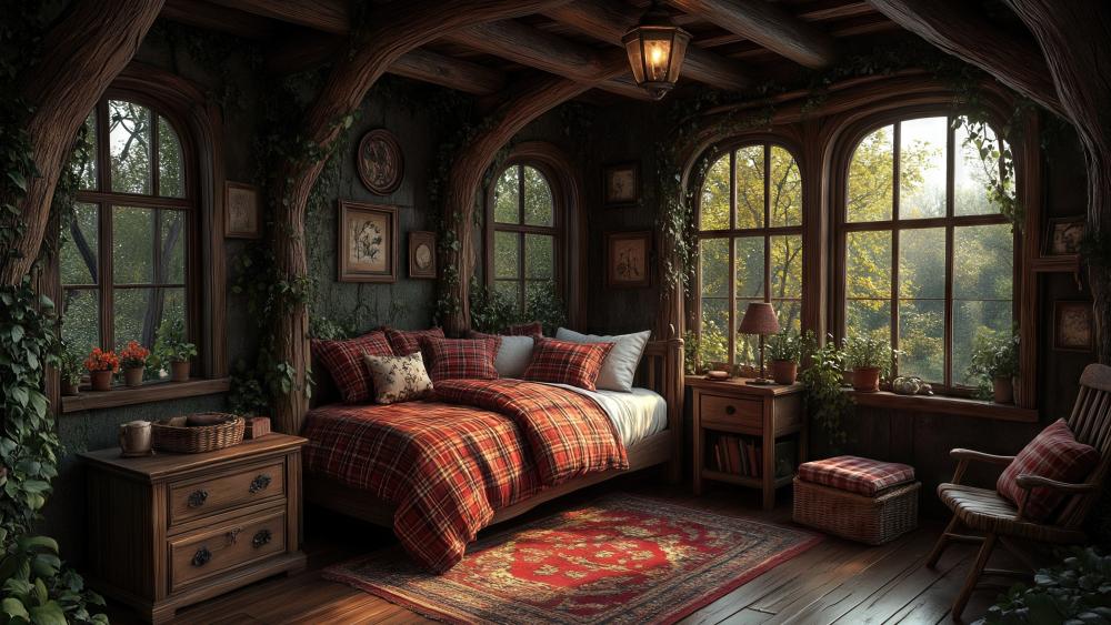 Enchanted Woodland Bedroom Retreat in Cozy Plaid Warmth wallpaper