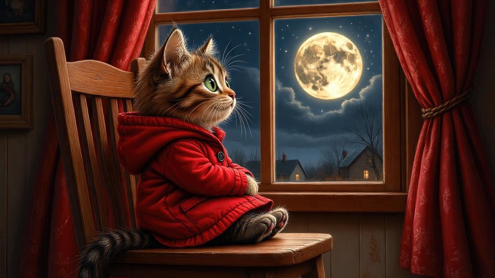 Moonlit Hoodie Kitten by the Window in Cozy Fantasy Night wallpaper