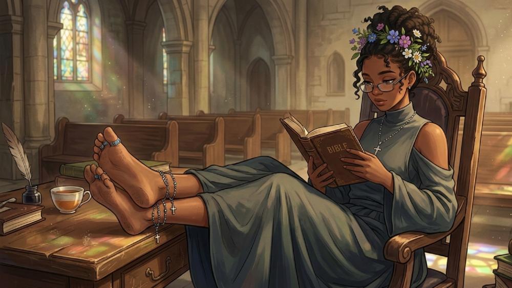 Serene Anime Nun Reading in Sunlit Cathedral Sanctuary wallpaper