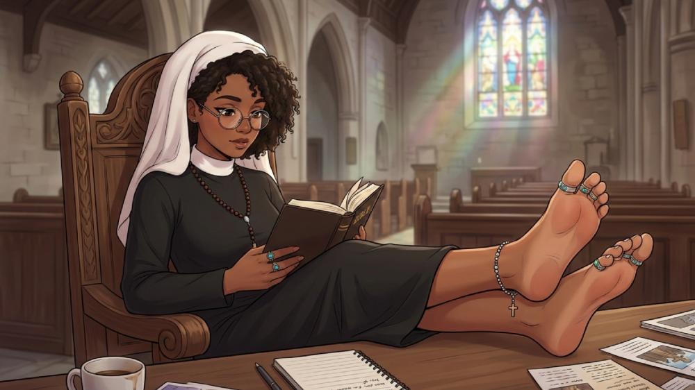 Serene Anime Nun Reading in Sunlit Cathedral Sanctuary wallpaper