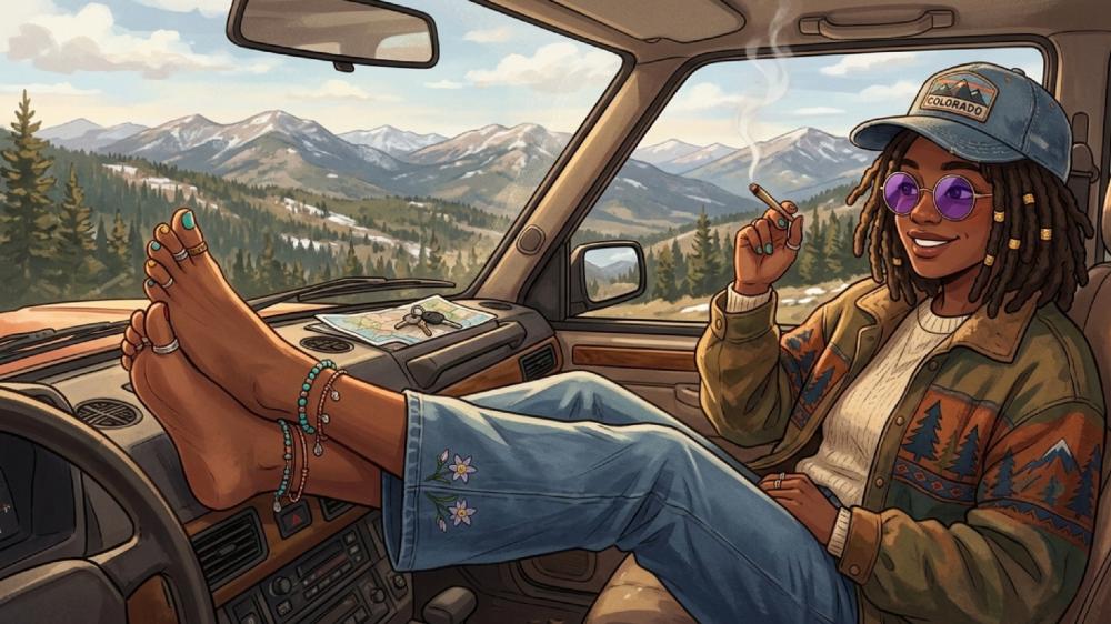 Mountain Roadtrip Smoke Break with Dreadlocked Anime Girl wallpaper