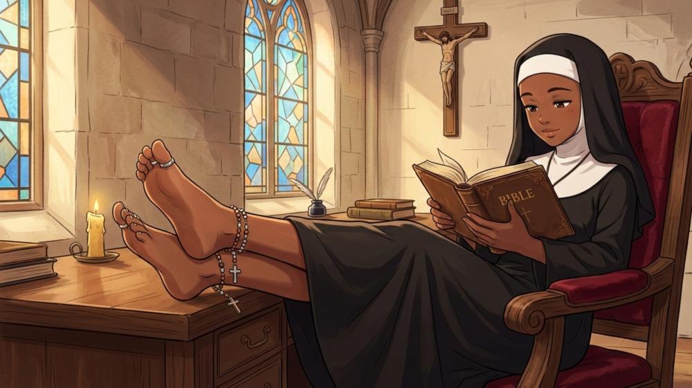 Serene Anime Nun Reading by Stained Glass Light wallpaper
