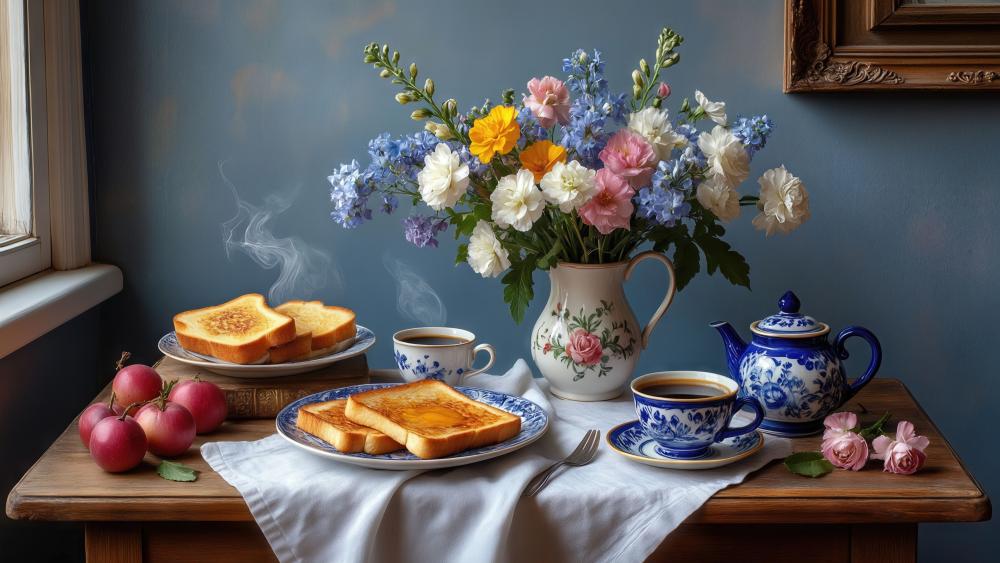 Sunlit Breakfast Still Life with Toast Tea and Floral Porcelain wallpaper