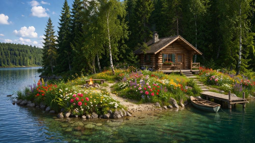 Spring Riverside Log Cabin on a Flowered Peninsula wallpaper