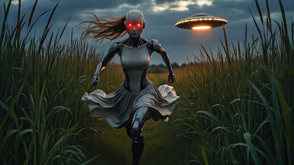 Run Beneath the UFO Glow in a Field of Shadows wallpaper