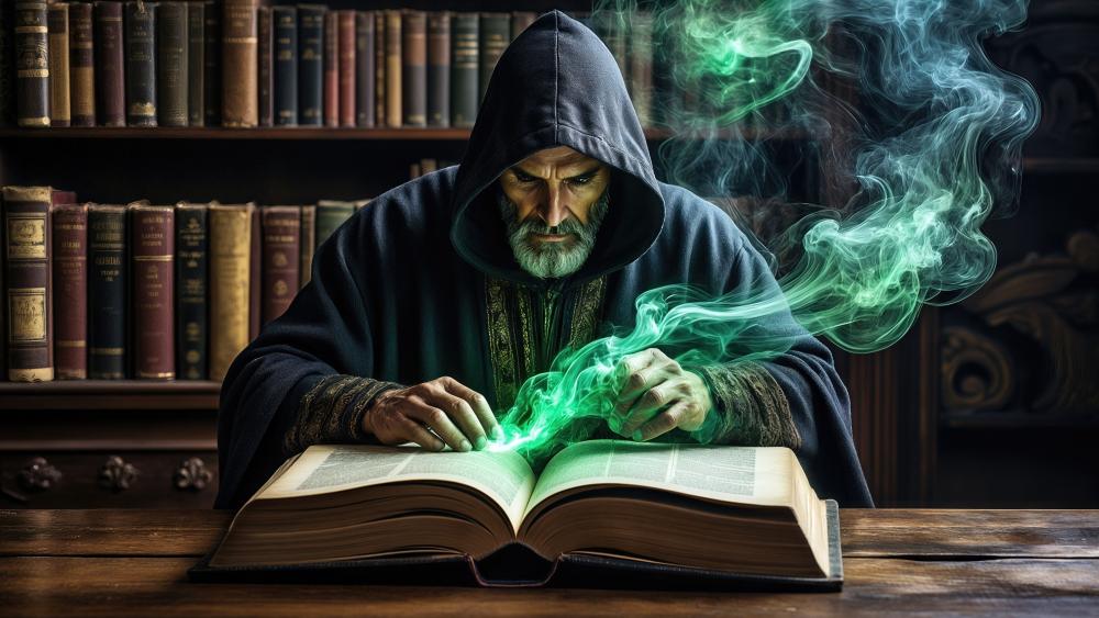 Hooded Wizard Awakens Arcane Flames Within an Ancient Tome wallpaper