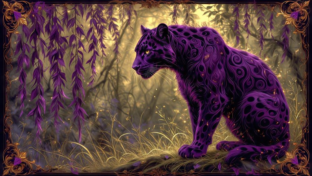 Enchanted Purple Panther in Ornate Forest Frame wallpaper