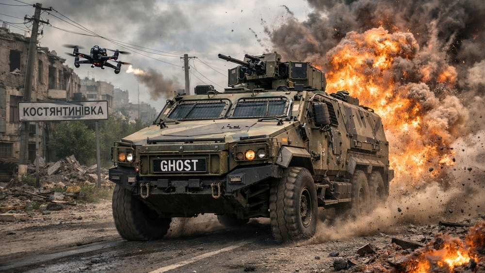Ghost Armored Vehicle Charging Through Urban Battlefield Firestorm wallpaper