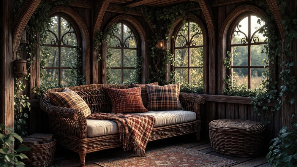 Enchanted Woodland Sunroom Daybed Cozy Fantasy Living Room Wallpaper wallpaper