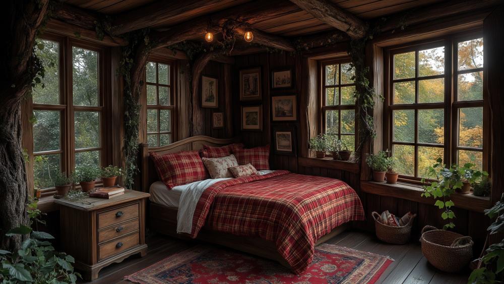 Enchanted Woodland Bedroom Retreat with Warm Plaid Bedding wallpaper