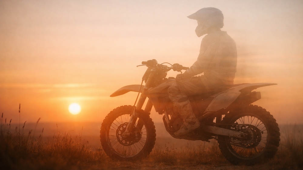 Sunset Motocross Silhouette Rider in Dusty Golden Horizon wallpaper