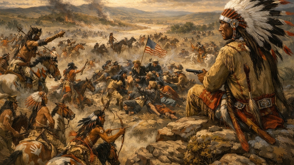 Warrior Council Above the Plains in Dramatic Painted Battle Scene wallpaper