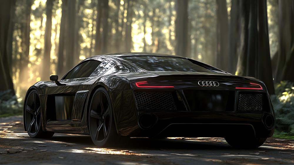 Midnight Audi Supercar Gliding Through Sunlit Forest Road wallpaper