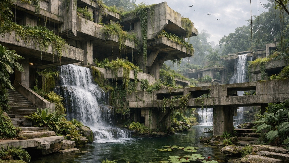 Verdant Brutalist Waterfalls in a Forgotten Concrete Sanctuary wallpaper