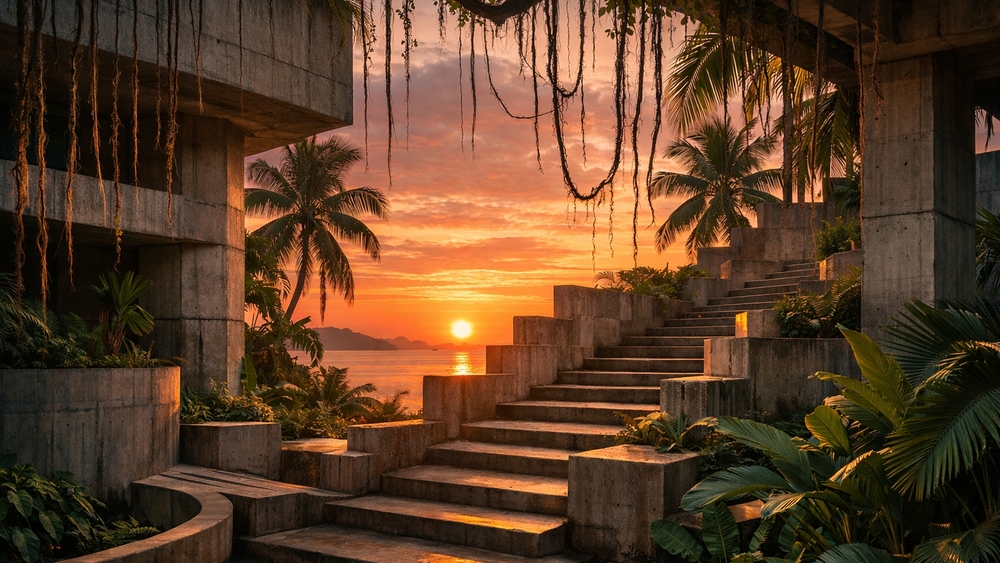 Tropical Brutalism Balcony Overlooking a Glowing Sunset Coastline wallpaper