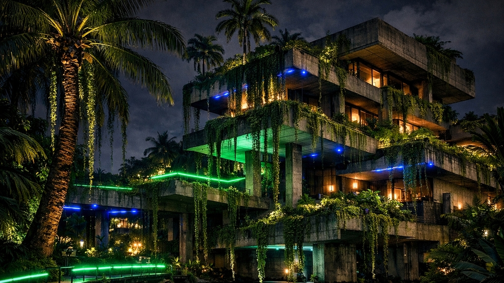 Neon Jungle Brutalism Night Balconies in a Tropical Cityscape wallpaper