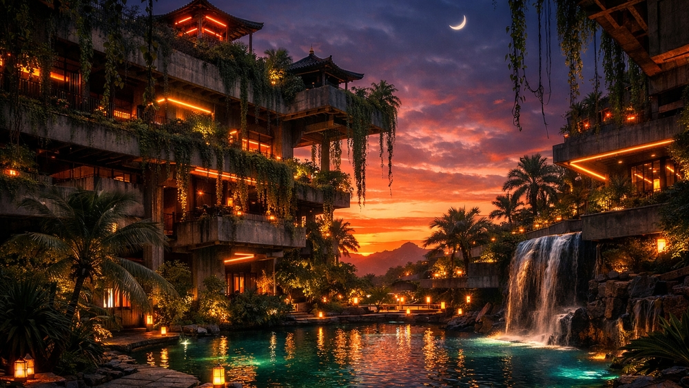 Neon Brutalist Oasis with Hanging Gardens and Manmade Waterfall at Dusk wallpaper