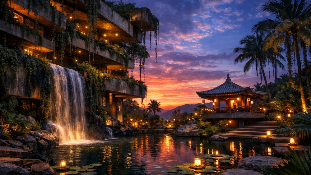 Brutalist Terraces and Artificial Waterfall at Sunset City Oasis wallpaper