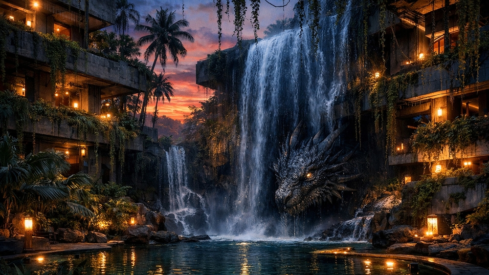 Dragon Guardian of the Brutalist Waterfall Oasis at Dusk wallpaper