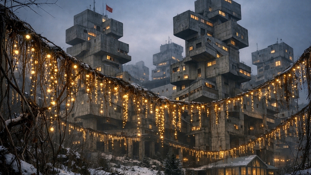 Garlands of Light Over Brutalist Dream Towers wallpaper