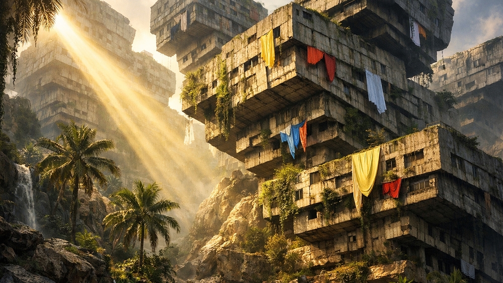 Sunlit Ruins of a Brutalist Jungle City wallpaper