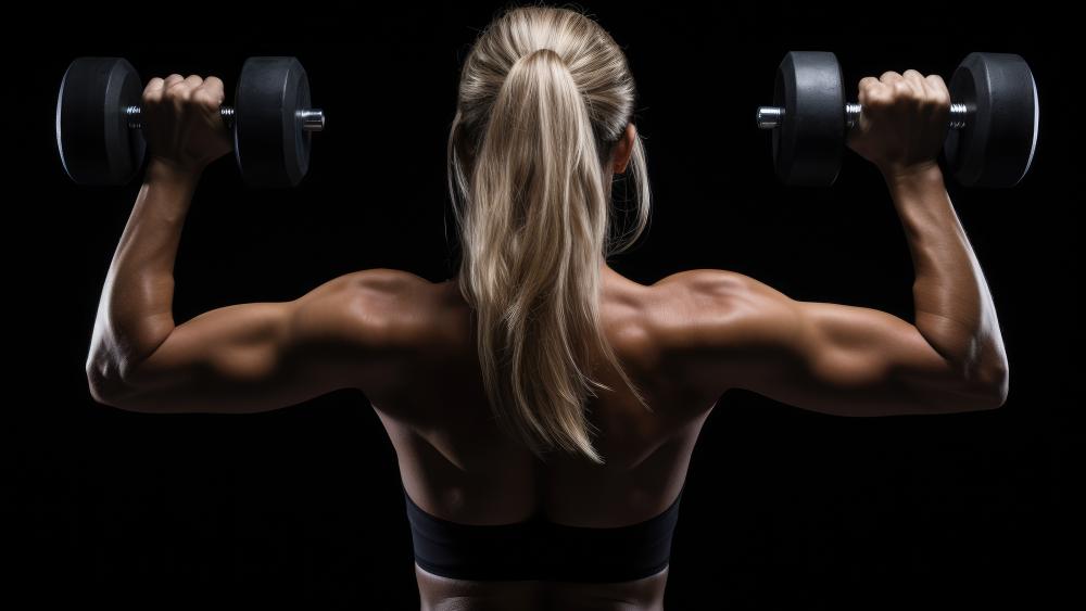 Back View Strength Dumbbell Workout on Deep Black Background wallpaper