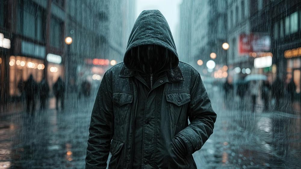 Faceless Hoodie Walker in Rainy City Night wallpaper