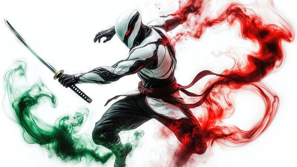 Spectral Katana Ninja Amid Crimson and Emerald Smoke wallpaper