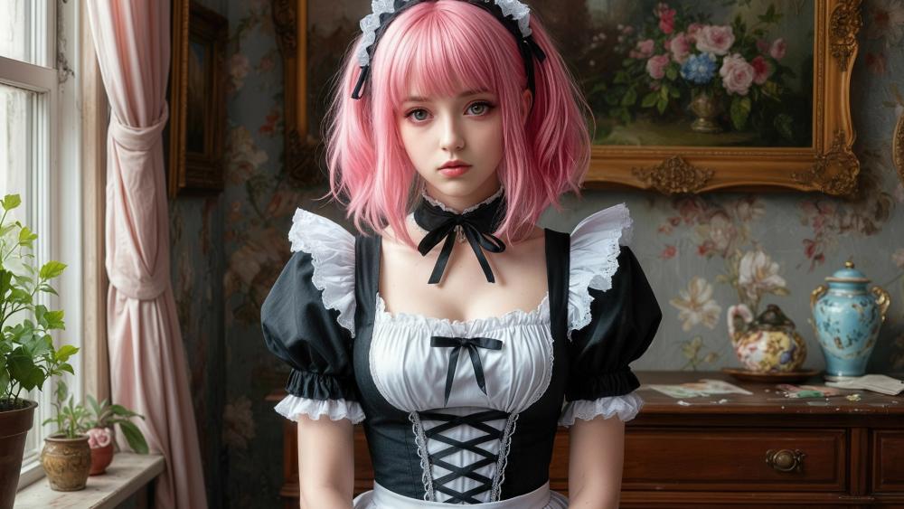 Pink Haired Handmaid Elegance in a Vintage Anime Parlor wallpaper