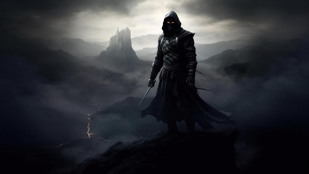 Cloaked Shadow Ninja Over Misty Mountains in 4K wallpaper