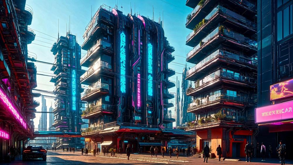 Neon Utopia Streets Beneath Skyward Towers in a Futuristic Metropolis wallpaper