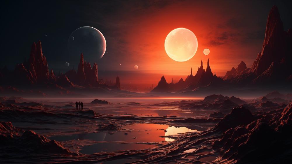 Crimson Dusk Over Twin Moons Alien Frontier wallpaper
