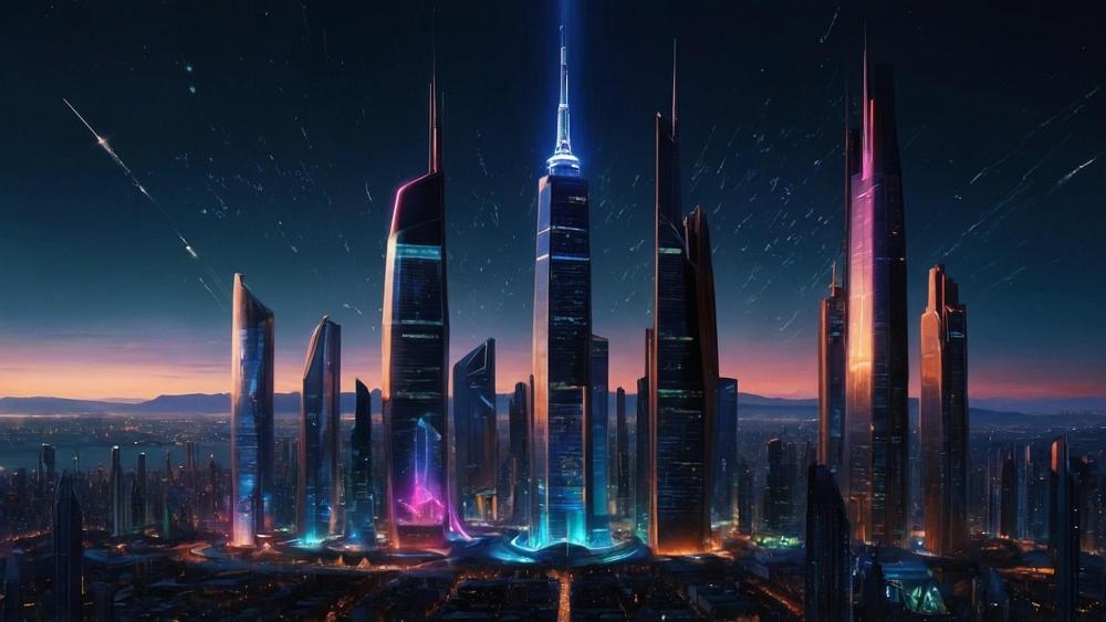 Starlit Neon Metropolis with Towering Skyscrapers and Endless Horizons wallpaper