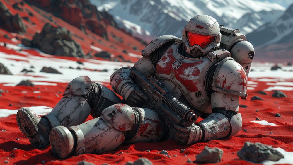 Crimson Expanse Sentinel Resting on Alien Sands wallpaper