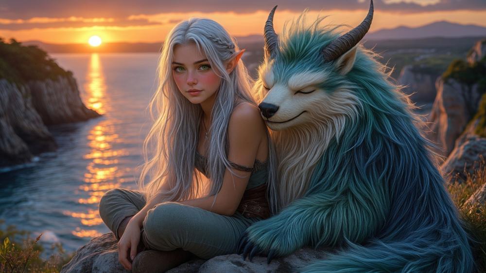 Sunset Cliffside Serenity with Elf Girl and Gentle Fur Guardian wallpaper