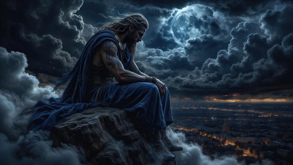 Zeus Brooding Above Mount Olympus Under a Stormlit Moon wallpaper