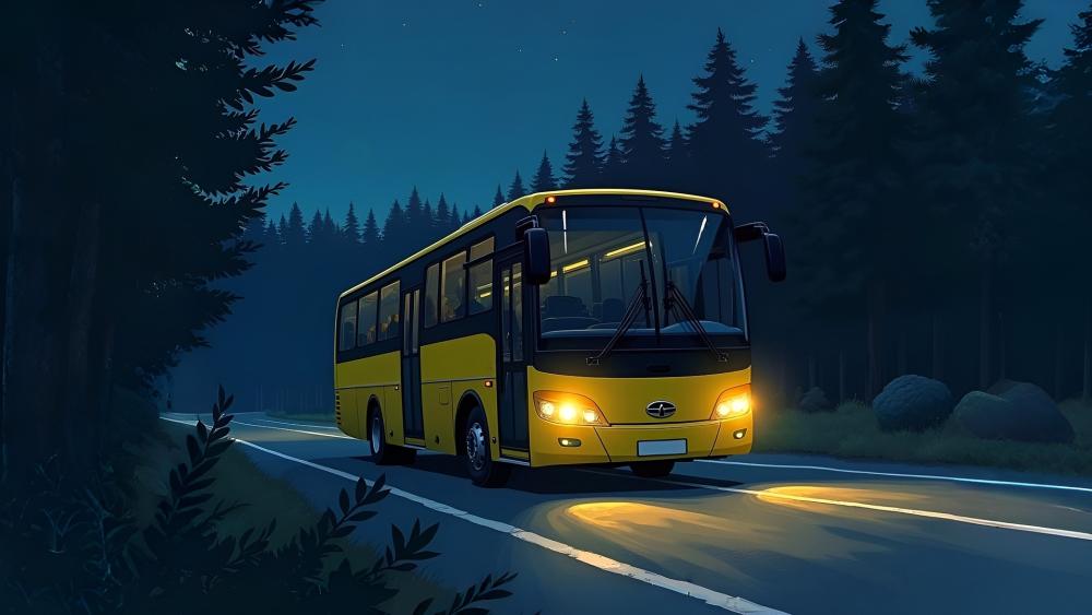 Midnight Forest Ride with a Glowing Yellow Anime Bus wallpaper