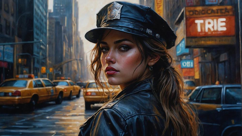 Midtown Guardian Cinematic Policewoman in Rainy City Streets 4K AI Art wallpaper