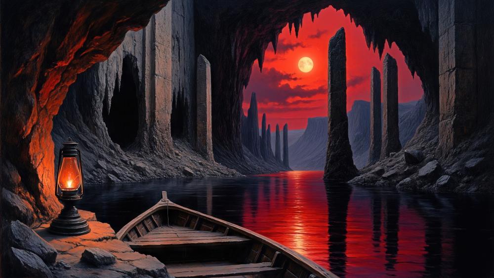 Lanternlit Boat on the Crimson River of Shadowed Spires wallpaper