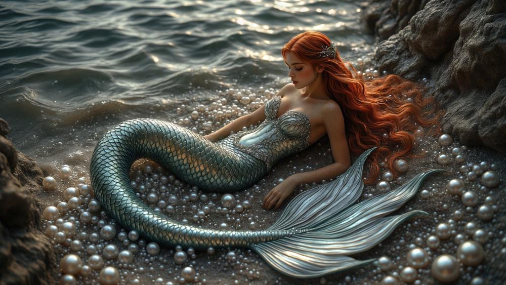 Pearl Shore Reverie of the Red Haired Mermaid wallpaper