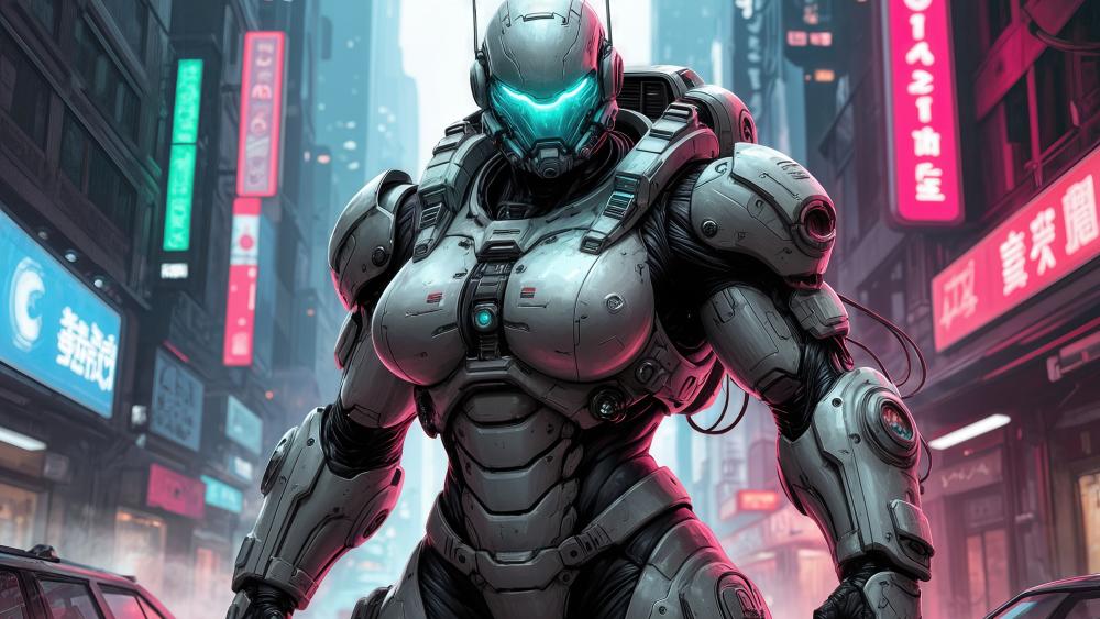Neon Sentinel Mecha Soldier in a Rainy Cyberpunk Megacity wallpaper