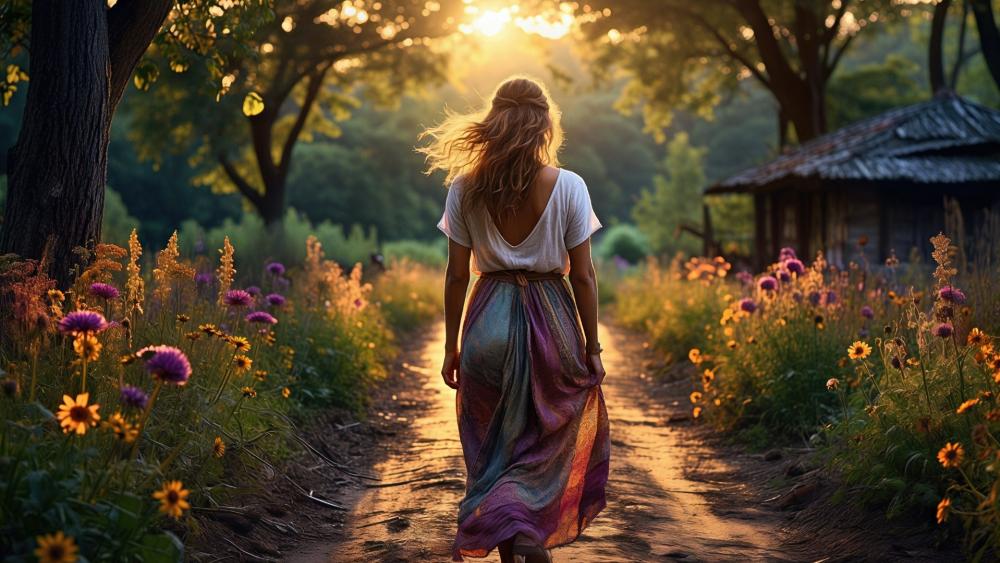 Bohemian Summer Walk Along a Wildflower Meadow at Golden Hour wallpaper