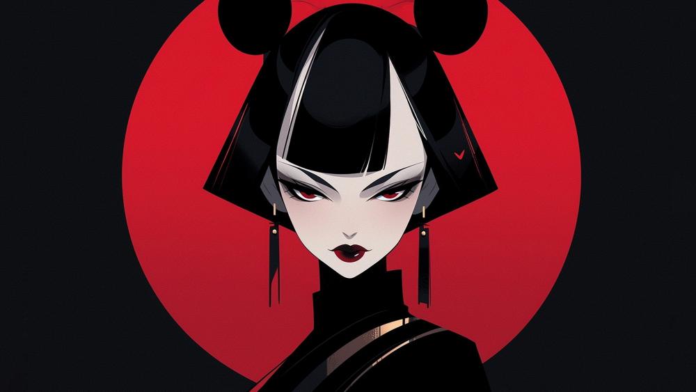 Minimalist Cyberpunk Geisha Portrait in Bold Red and Black wallpaper