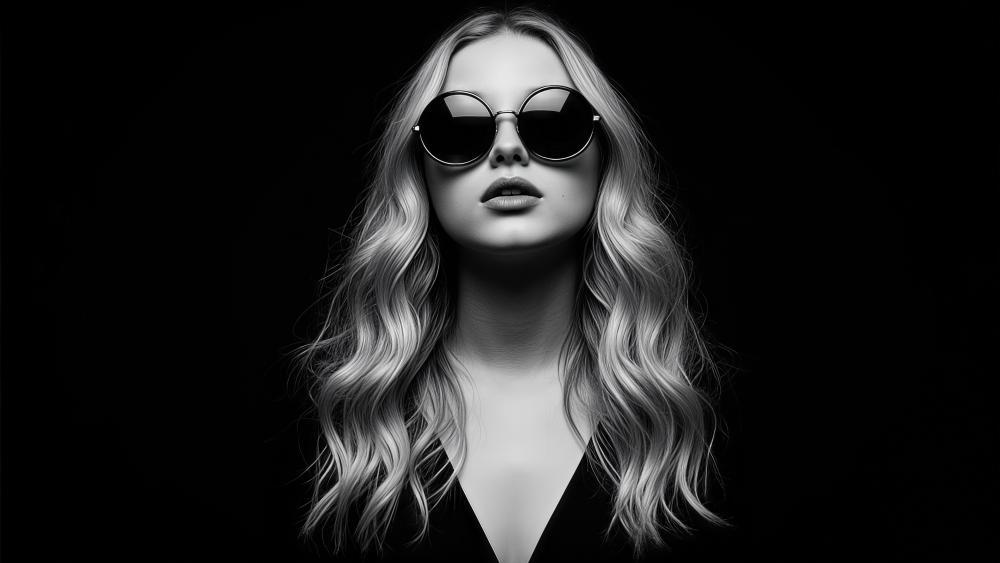 Monochrome Blonde Portrait with Round Sunglasses on Deep Black Background wallpaper